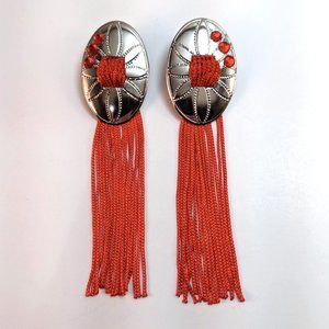 Handmade Western Concha Earrings Red Fringe Rhinestone Silver Country Cowboy